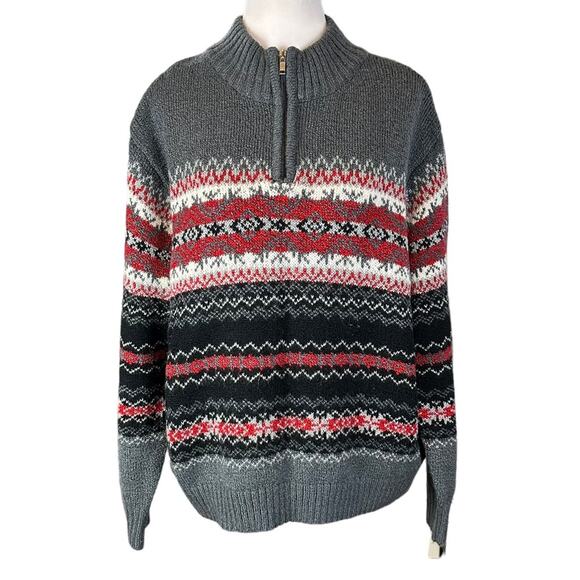 Vintage Carolyn Taylor Fair Isle Sweater 1/4 Zip Size XL Gray Red White - Picture 1 of 7